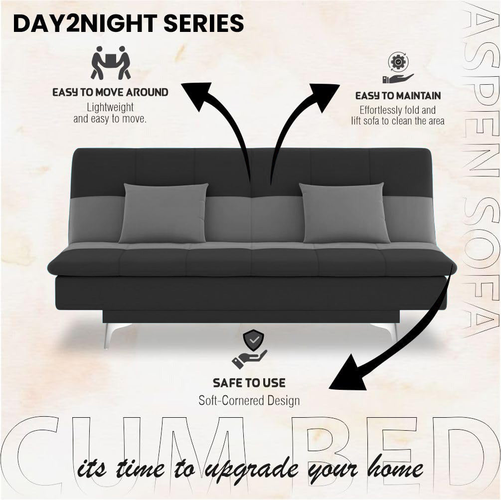 Adorn India Premium New Aspen 3 Seater Sofa Cum Bed 4X6 Velvet Suede with 2 Cushions (Color Dark Grey & Grey) and Suitable for All Indoor, with 3 Years Warranty