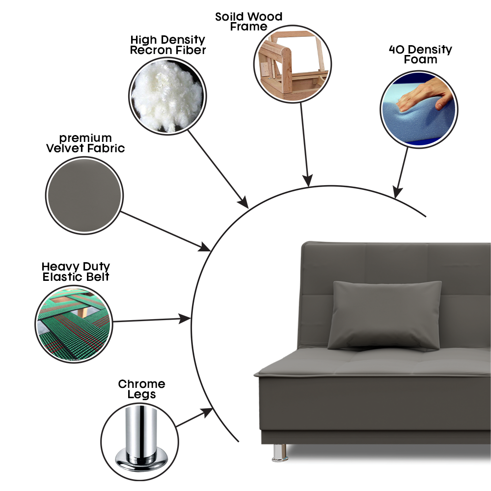 Adorn India Premium New Alyssum 3 Seater Sofa Cum Bed 4X6 Velvet Suede with 2 Cushions (Color Grey) and Suitable for All Indoor, with 3 Years Warranty