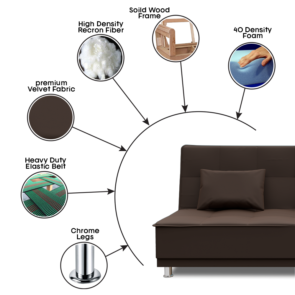 Adorn India Premium New Alyssum 3 Seater Sofa Cum Bed 4X6 Velvet Suede with 2 Cushions (Color Brown) and Suitable for All Indoor, with 3 Years Warranty