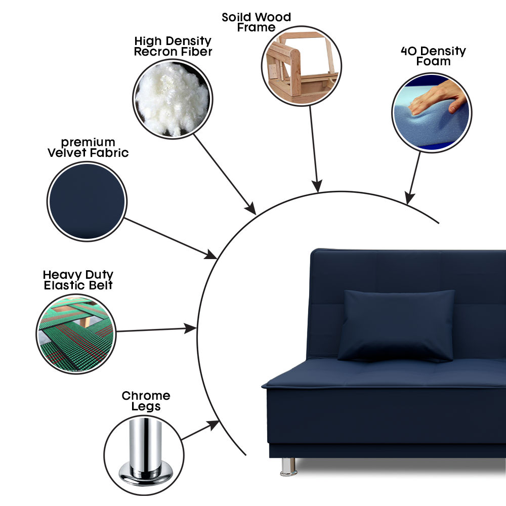 Adorn India Premium New Alyssum 3 Seater Sofa Cum Bed 4X6 Velvet Suede with 2 Cushions (Color Blue) and Suitable for All Indoor, with 3 Years Warranty