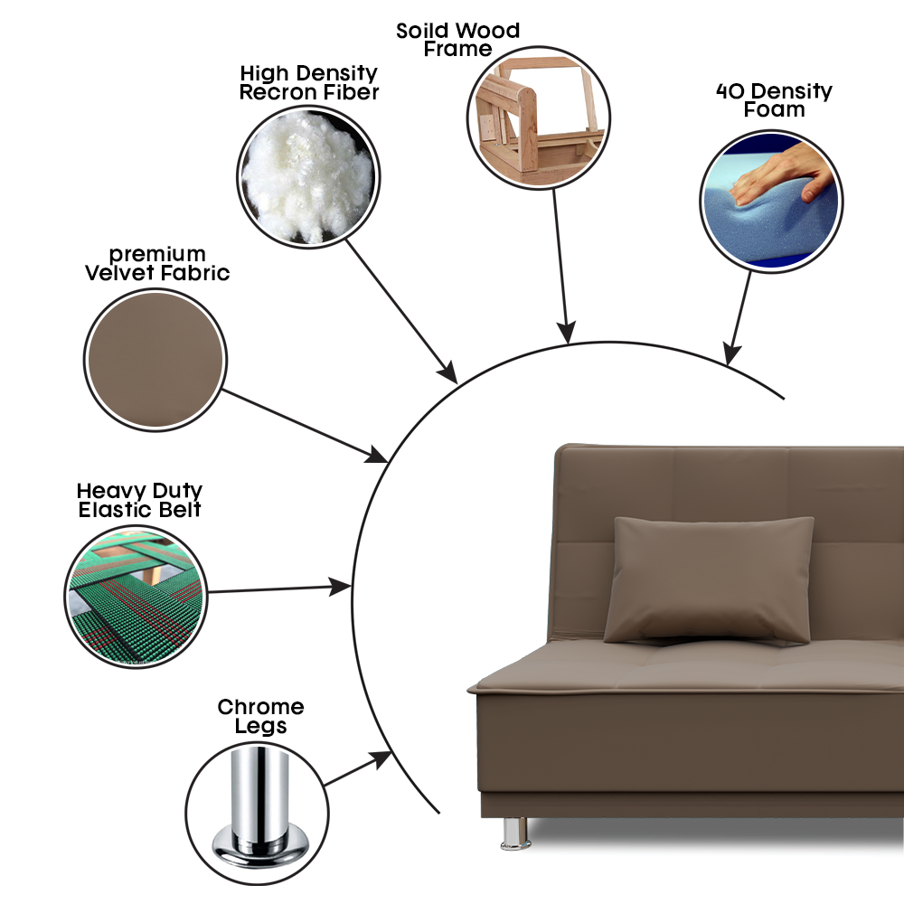 Adorn India Premium New Alyssum 3 Seater Sofa Cum Bed 4X6 Velvet Suede with 2 Cushions (Color Camel) and Suitable for All Indoor, with 3 Years Warranty