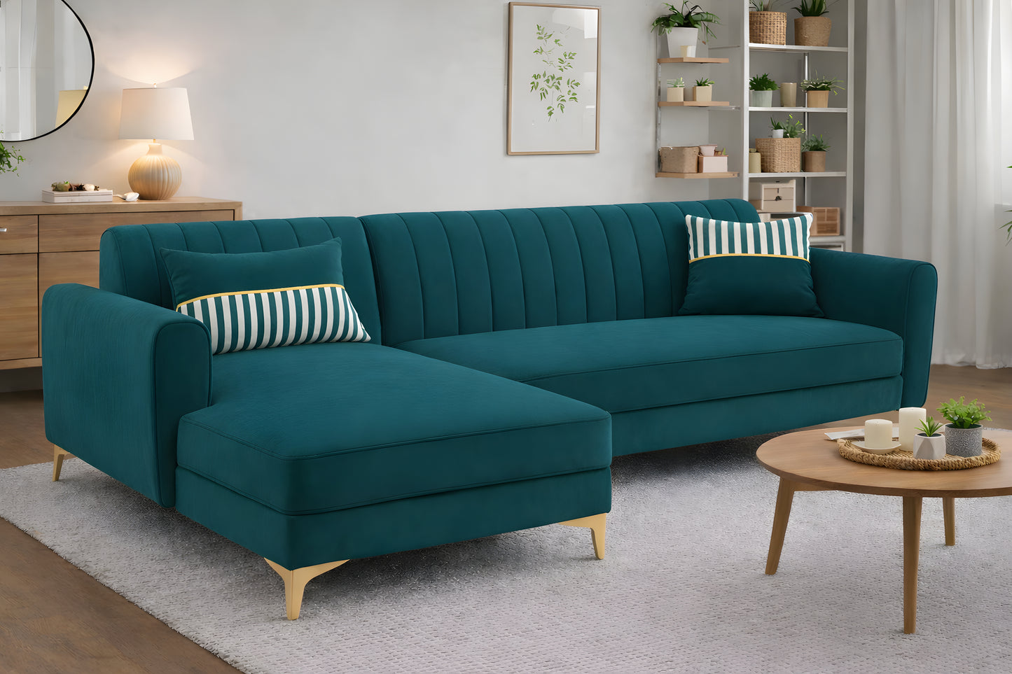 Adorn India Premium Luster 6 Seater L Shape Sofa Set | Velvet Suede Fabric | 3-Year Warranty | LHS |Color Ocean Blue with Golden Legs & Striped Pattern Cushion