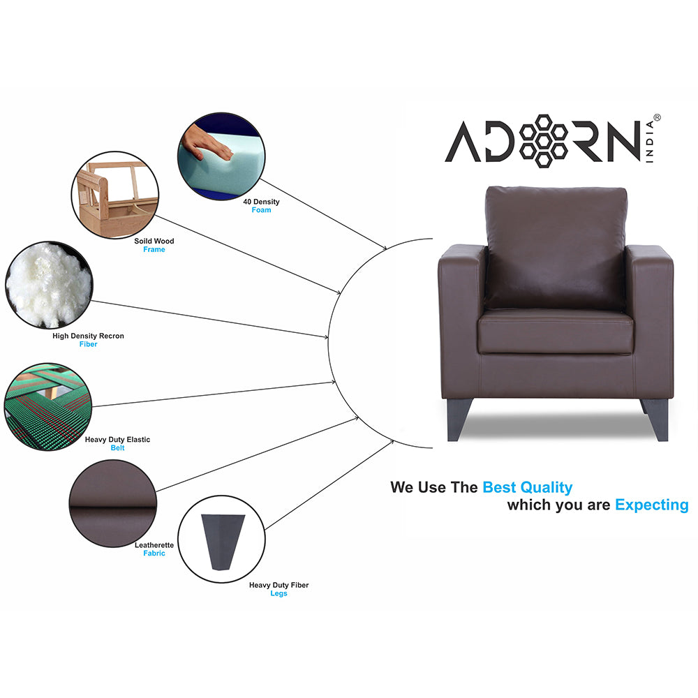 Adorn India Straight line Plus Leatherette 1 Seater Sofa (Brown) (3 Year Warranty)