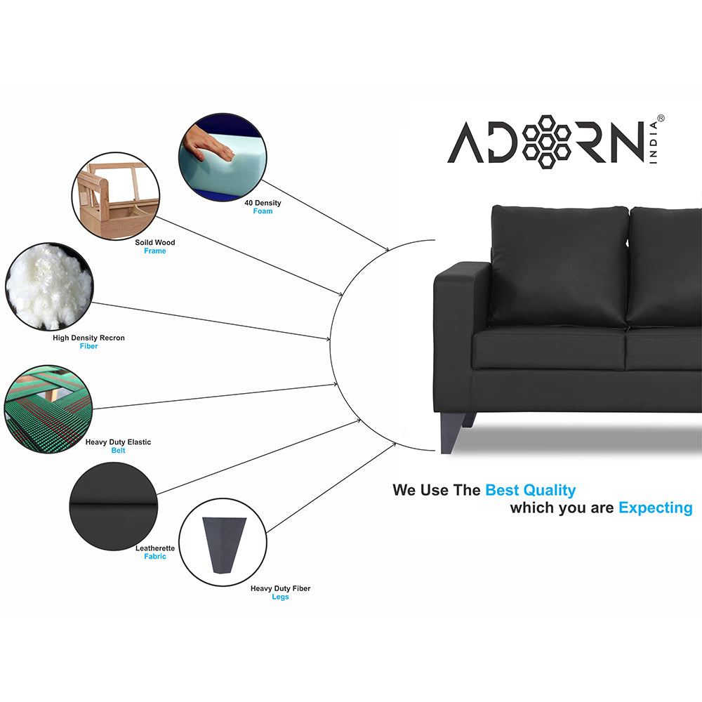 Adorn India Straight line Plus Leatherette 3 Seater Sofa (Black) (3 Year Warranty)