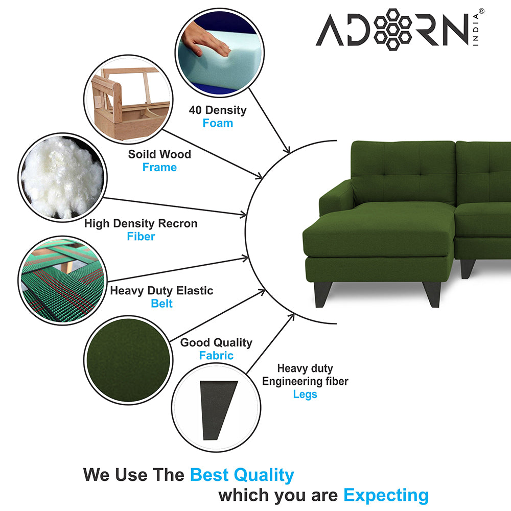 Adorn India Midas L Shape 6 Seater Sofa Set Left Hand Side (Green) (3 Year Warranty)