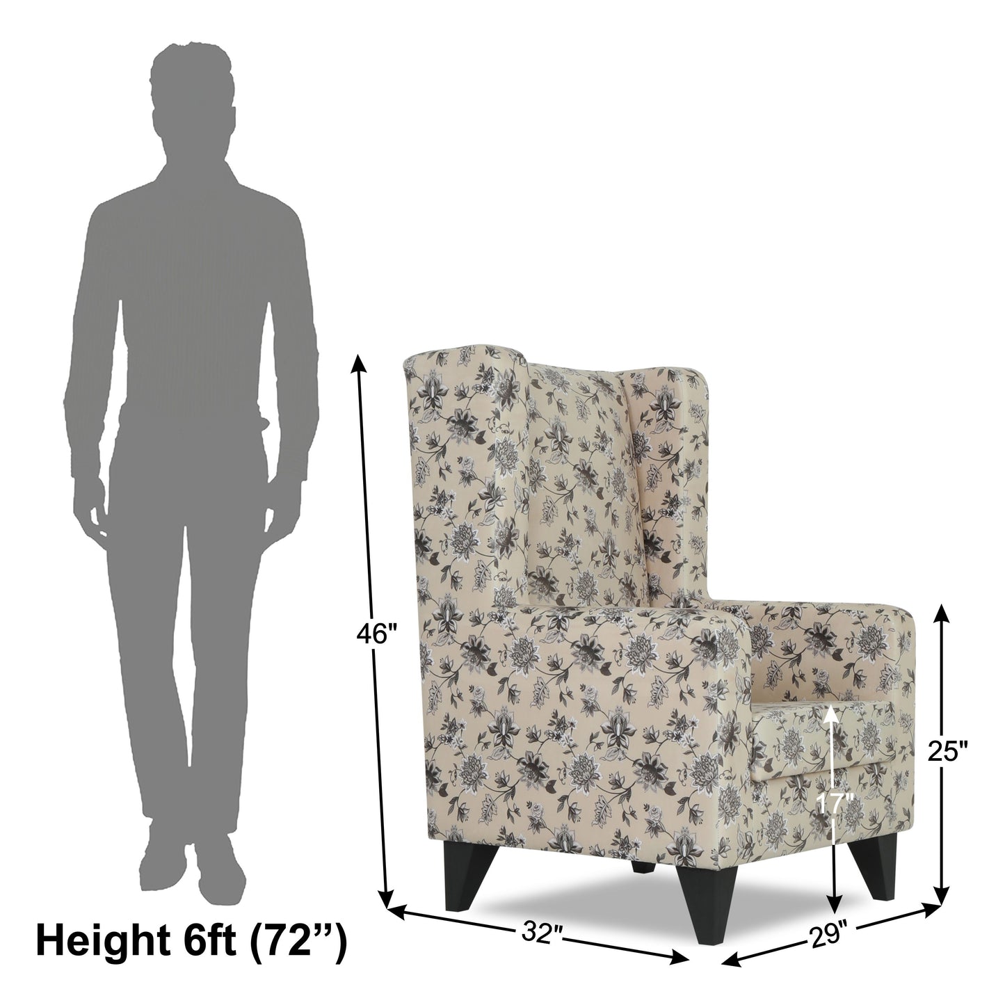 Adorn India Christopher 1 Seater Wing Chair Floral Print (Beige)