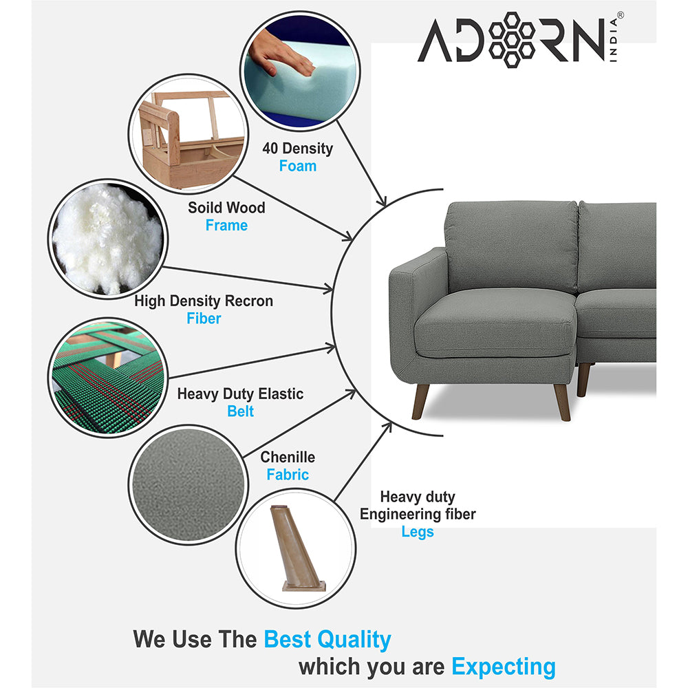 Adorn India Damian L Shape 6 Seater Sofa Set LHS (Grey) (3 Year Warranty)