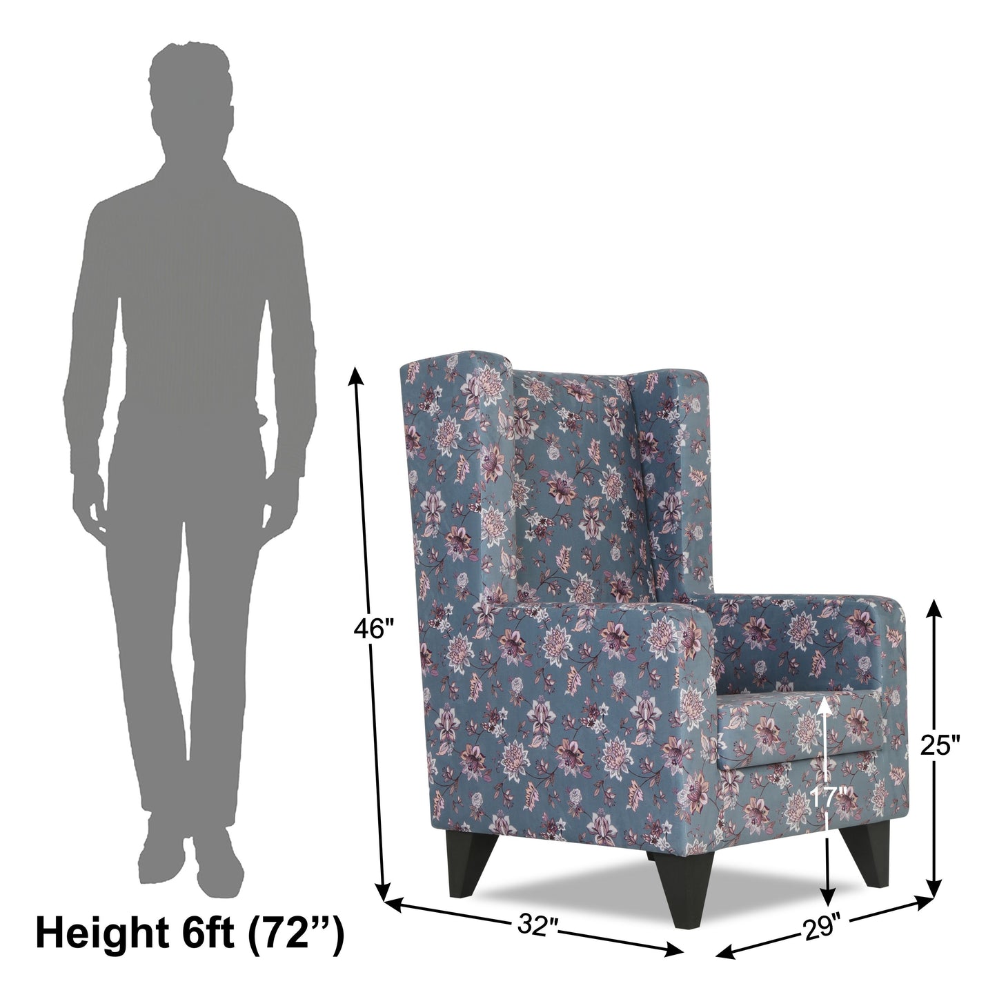 Adorn India Christopher 1 Seater Wing Chair Floral Print with Puffy (Grey)