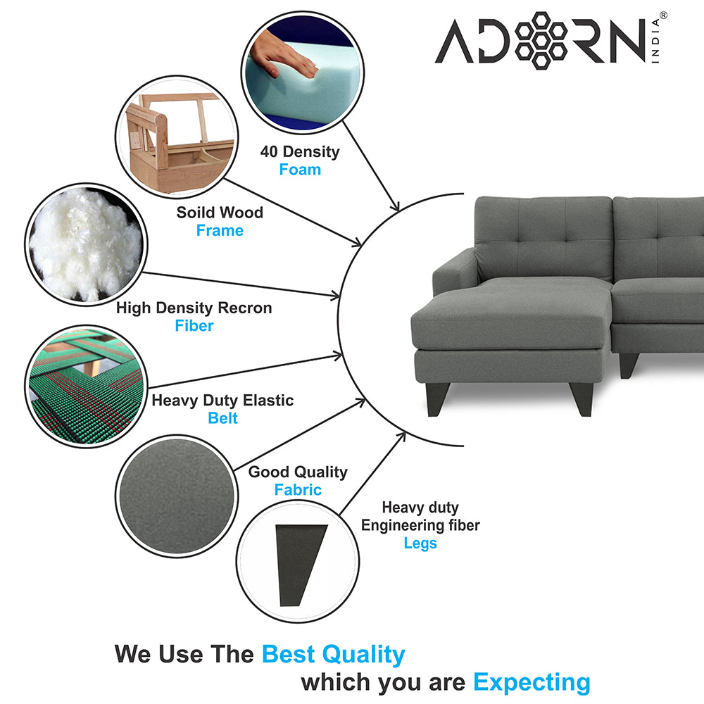 Adorn India Midas L Shape 6 Seater Sofa Set Left Hand Side (Grey)(3 Year Warranty)