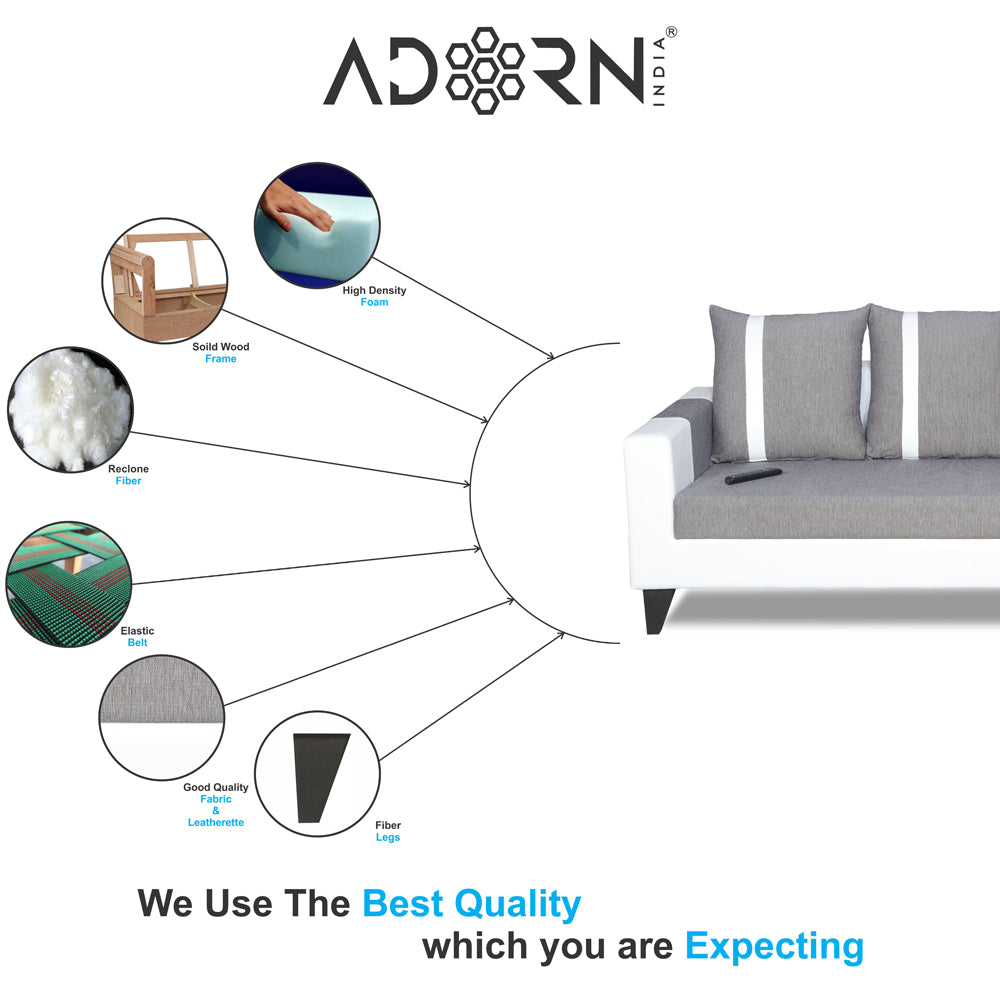 Adorn India Ashley Stripes Leatherette Fabric 2 Seater Sofa (Grey & White) (3 Year Warranty)