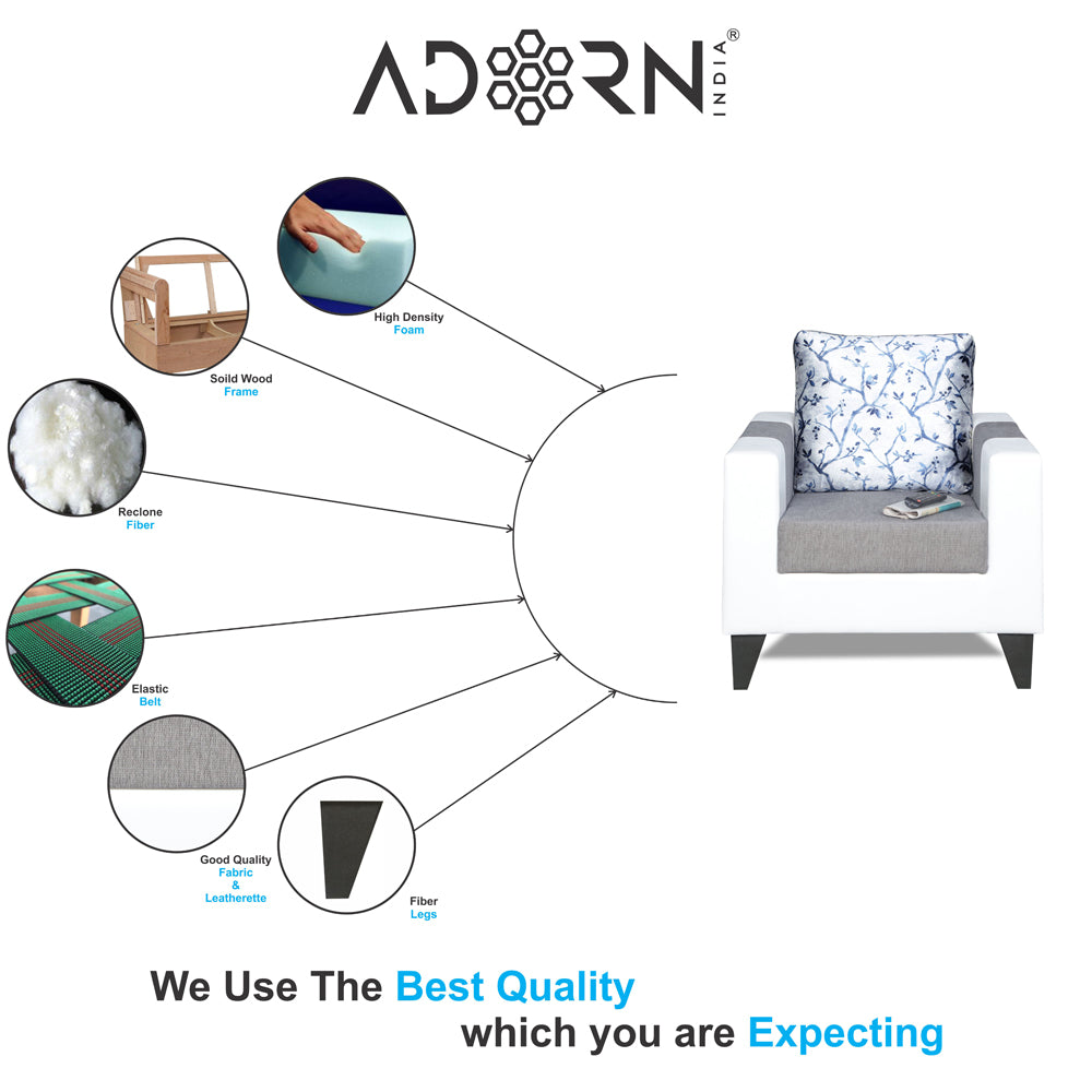 Adorn India Ashley Digitel Print Leatherette Fabric 1 Seater Sofa (Grey & White) (3 Year Warranty)