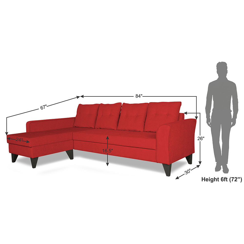 Adorn India Wood Maddox Tufted L Shape 5 Seater Sofa Set LHS (Red) (3 Year Warranty)