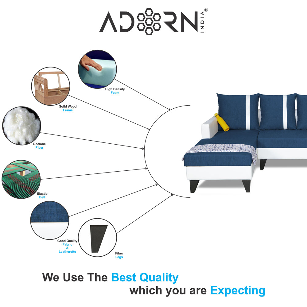 Adorn India Ashley Stripes Leatherette Fabric L Shape 8 Seater Sofa Set with 2 Ottoman Puffy & Center Table LHS (Blue & White) (3 Year Warranty)