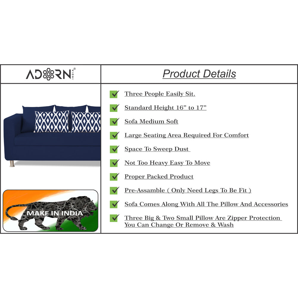 Adorn India Poland 3 Seater Sofa (Blue)