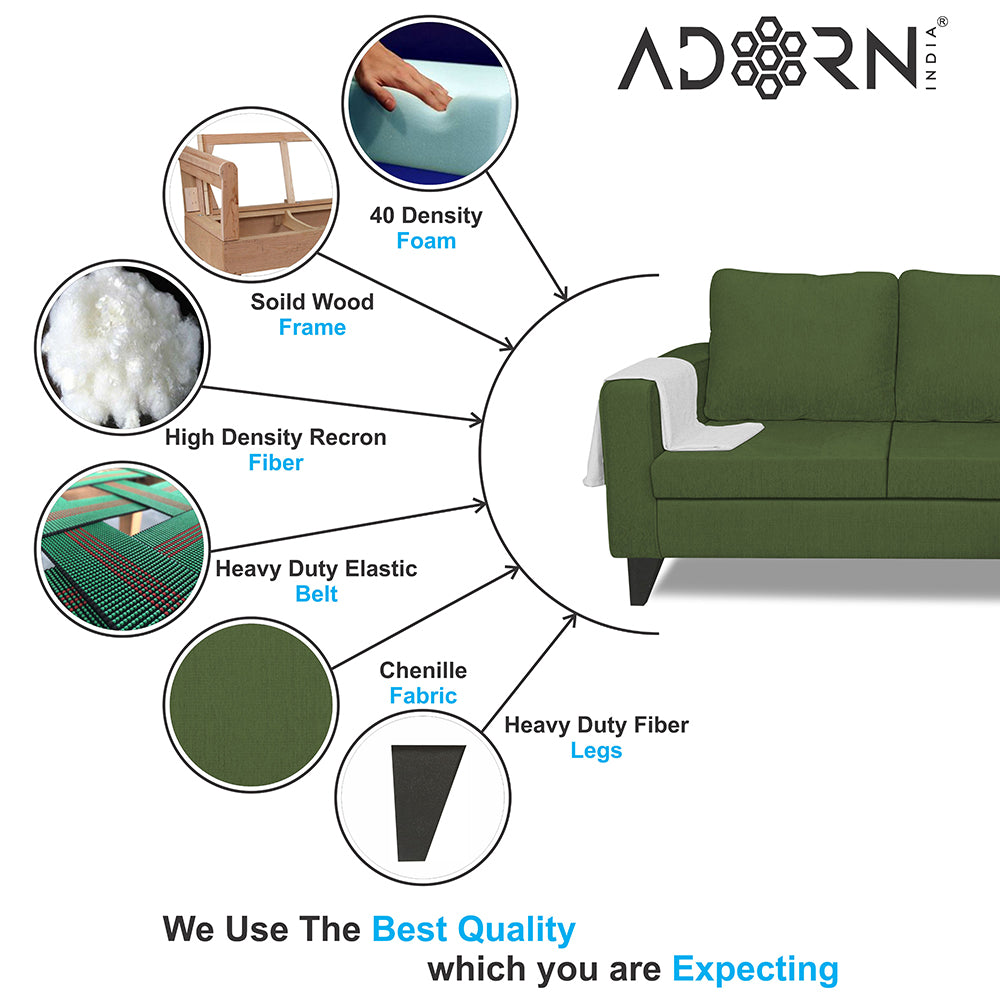 Adorn India Chandler Plain L Shape 4 Seater Sofa Set (Green) (3 Year Warranty)
