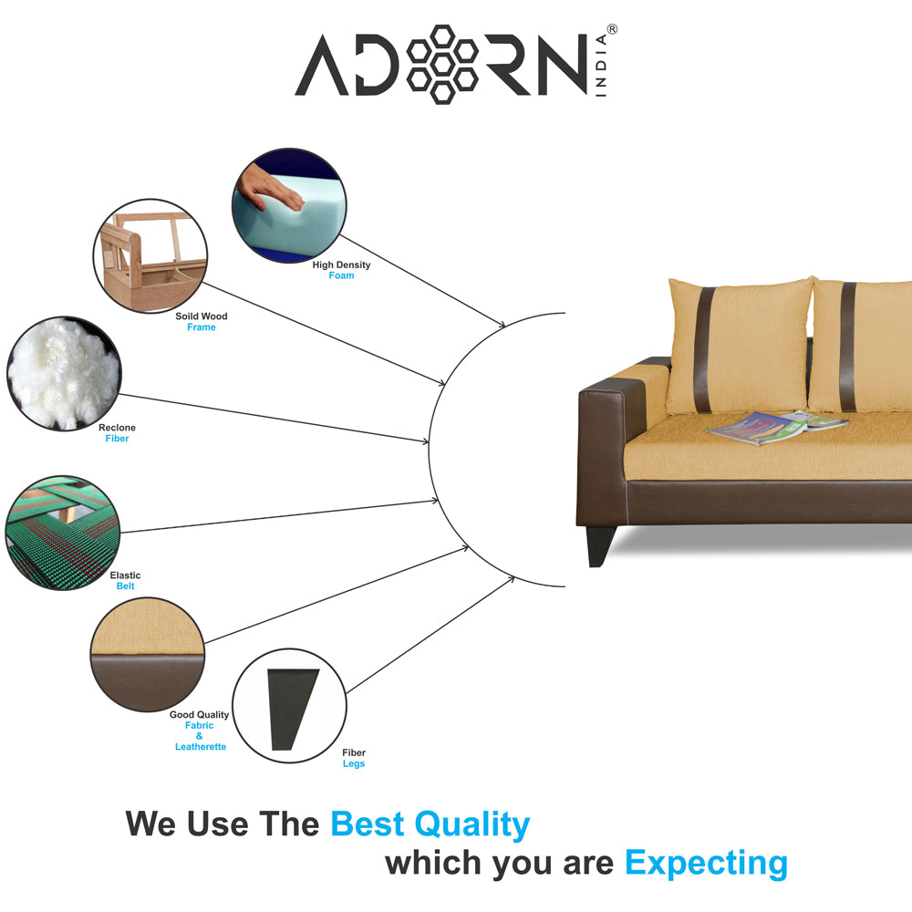 Adorn India Ashley L Shape 6 Seater Sofa Set Leatherette Fabric Stripes (Right Hand Side) (Brown & Beige) (3 Year Warranty)