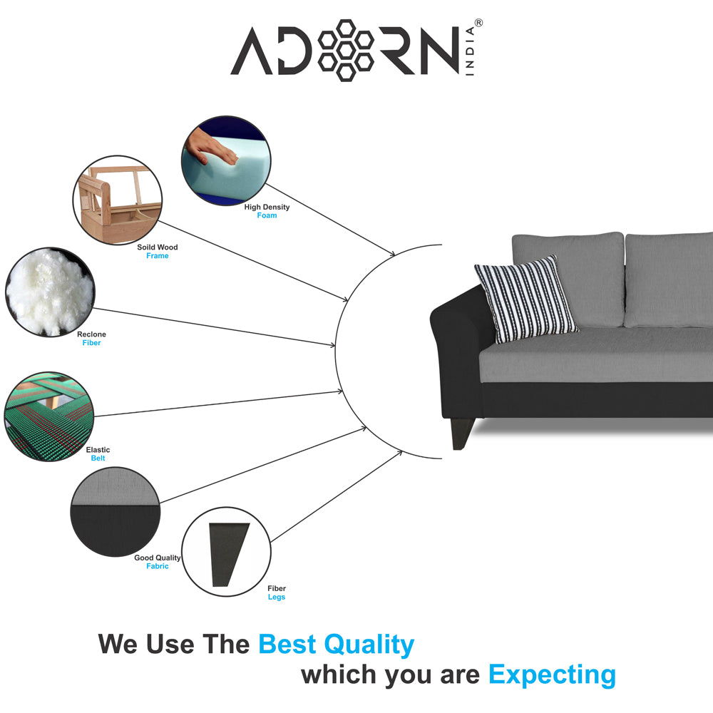 Adorn India Maddox Plain Two Tone L Shape 6 Seater Sofa Set RHS (Grey & Black) (3 Year Warranty)