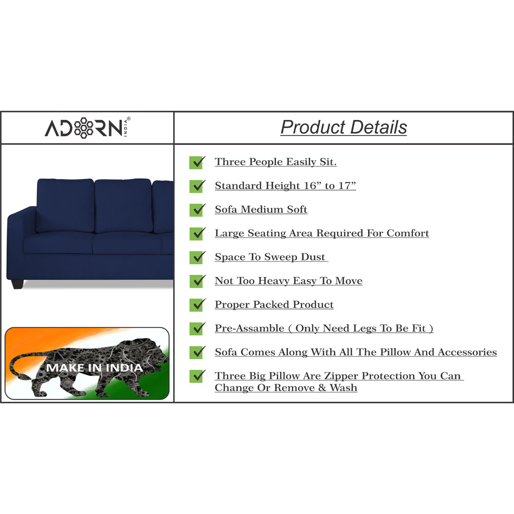 Adorn India Russell 3 Seater Sofa (Blue)