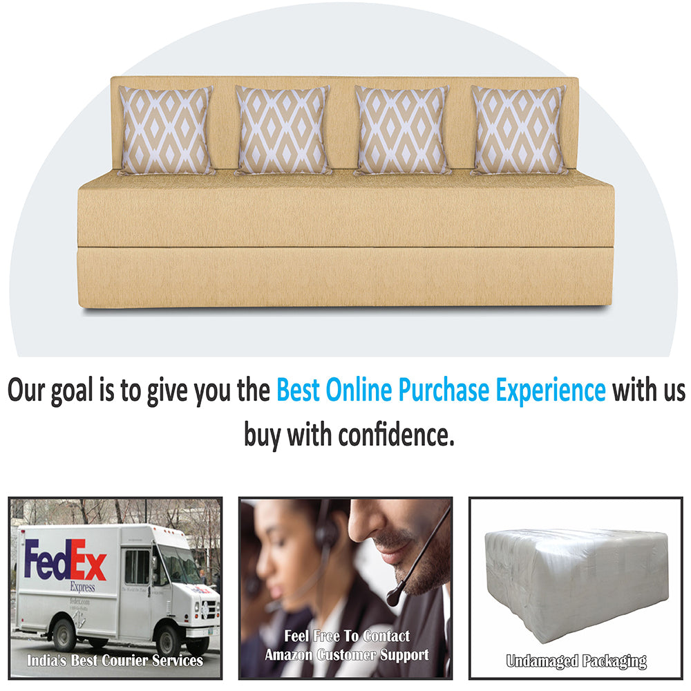 Adorn India Easy 4 Seater Sofa Cum Bed (Rhombus Pattern) Chennile Fabric - Washable Cover - Including 4 Cushion - Size 6' x 6' Ft (Beige Color) Perfect for Home & Office for Guests