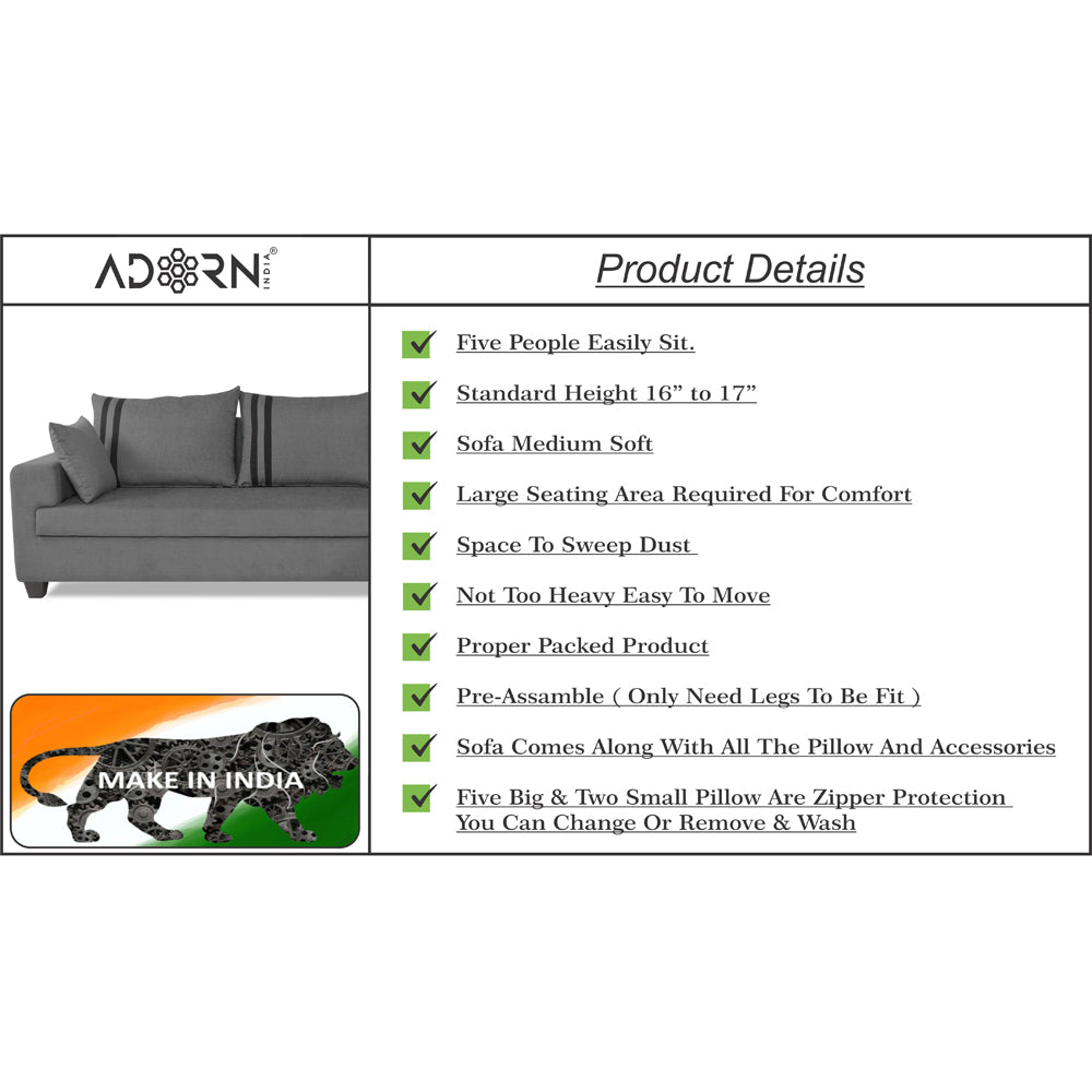 Adorn India Winston L Shape 6 Seater Sofa Set (Right Side) (Grey)