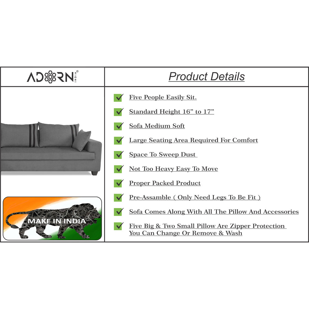 Adorn India Winston L Shape 6 Seater Sofa Set (Left Side) (Grey)