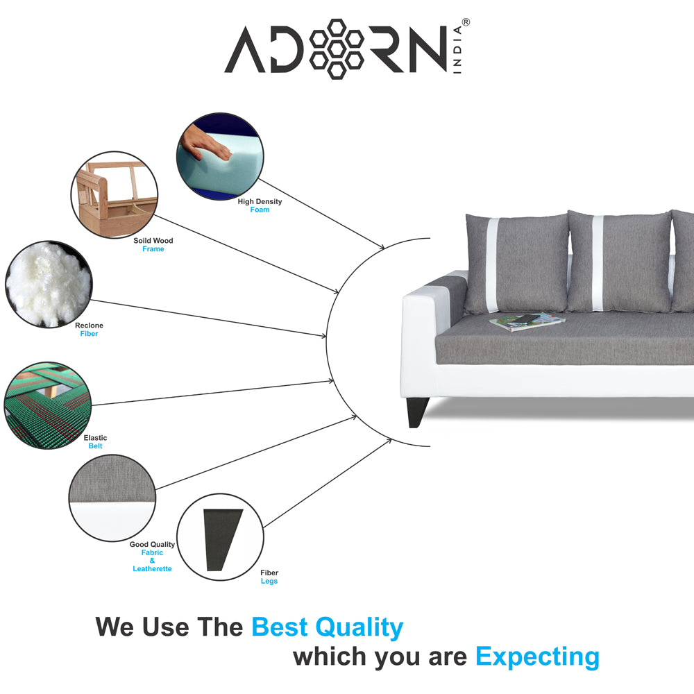 Adorn India Ashley Stripes Leatherette Fabric L Shape 8 Seater Sofa Set with 2 Ottoman Puffy & Center Table RHS (Grey & White) (3 Year Warranty)