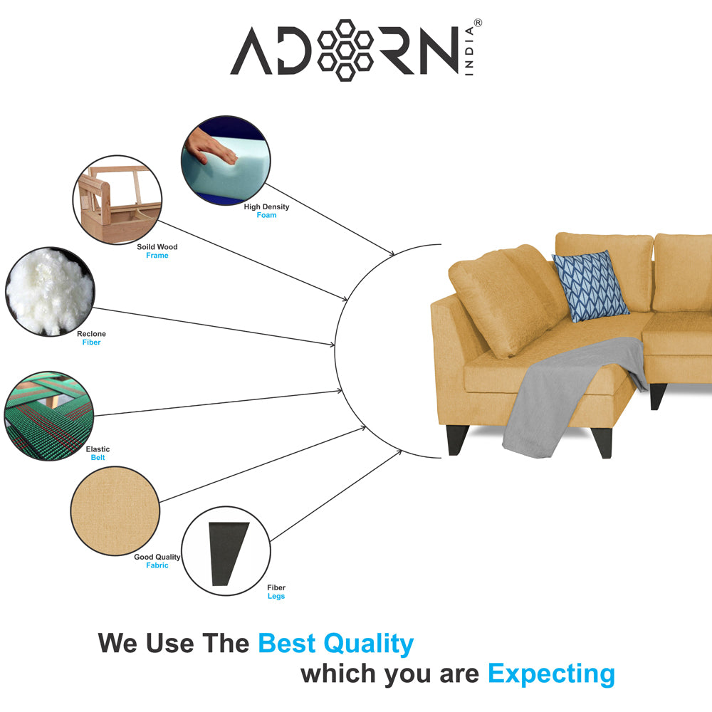 Adorn India Bryson L Shape 6 Seater Sofa Set Plain (Left Hand Side) (Beige) (3 Year Warranty)