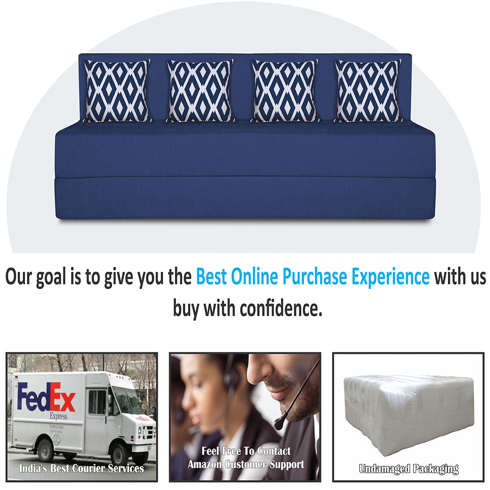 Adorn India Easy 4-Person Sofa Cum Bed (Rhombus Pattern) Chennile Fabric- Washable Cover- Including 4 Cushion- Size 6' X 6' Ft (Blue Color) Perfect for Home & Office for Guests