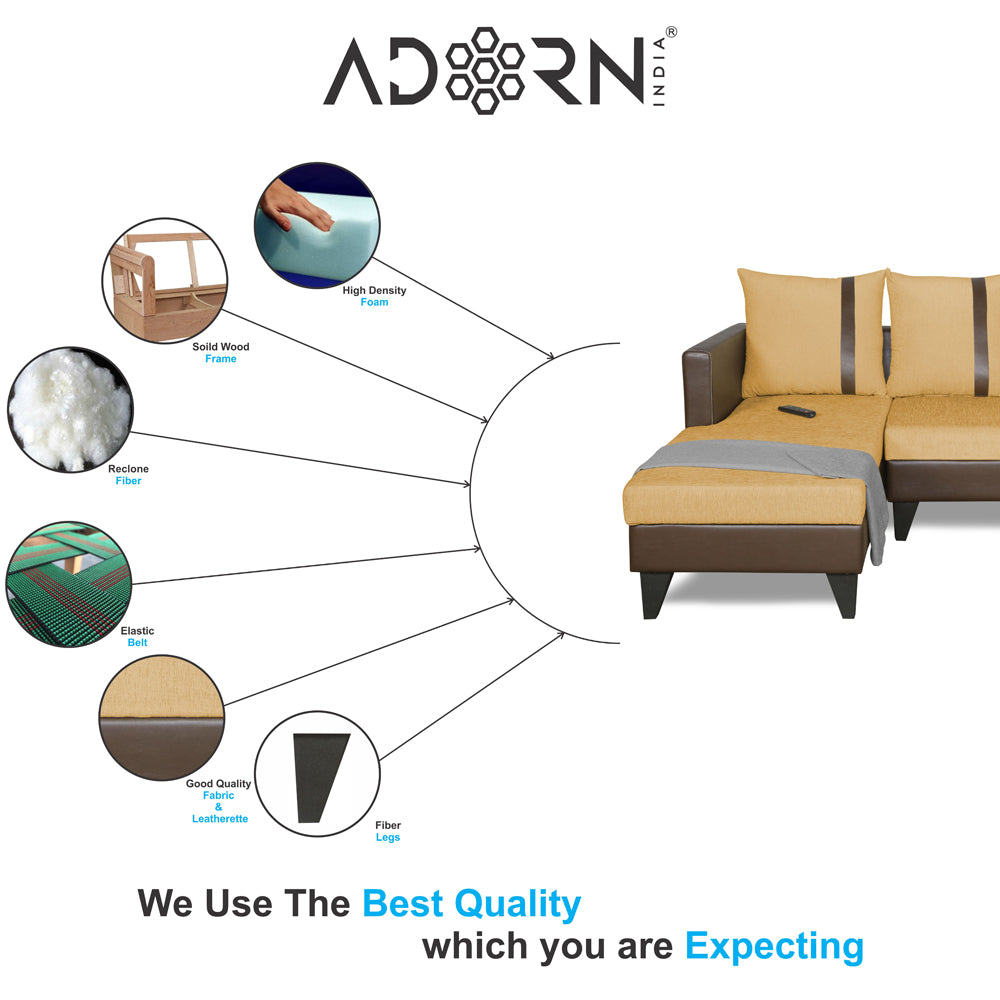 Adorn India Ashley L Shape 6 Seater Sofa Set Leatherette Fabric Stripes (Left Hand Side) (Brown & Beige) (3 Year Warranty)