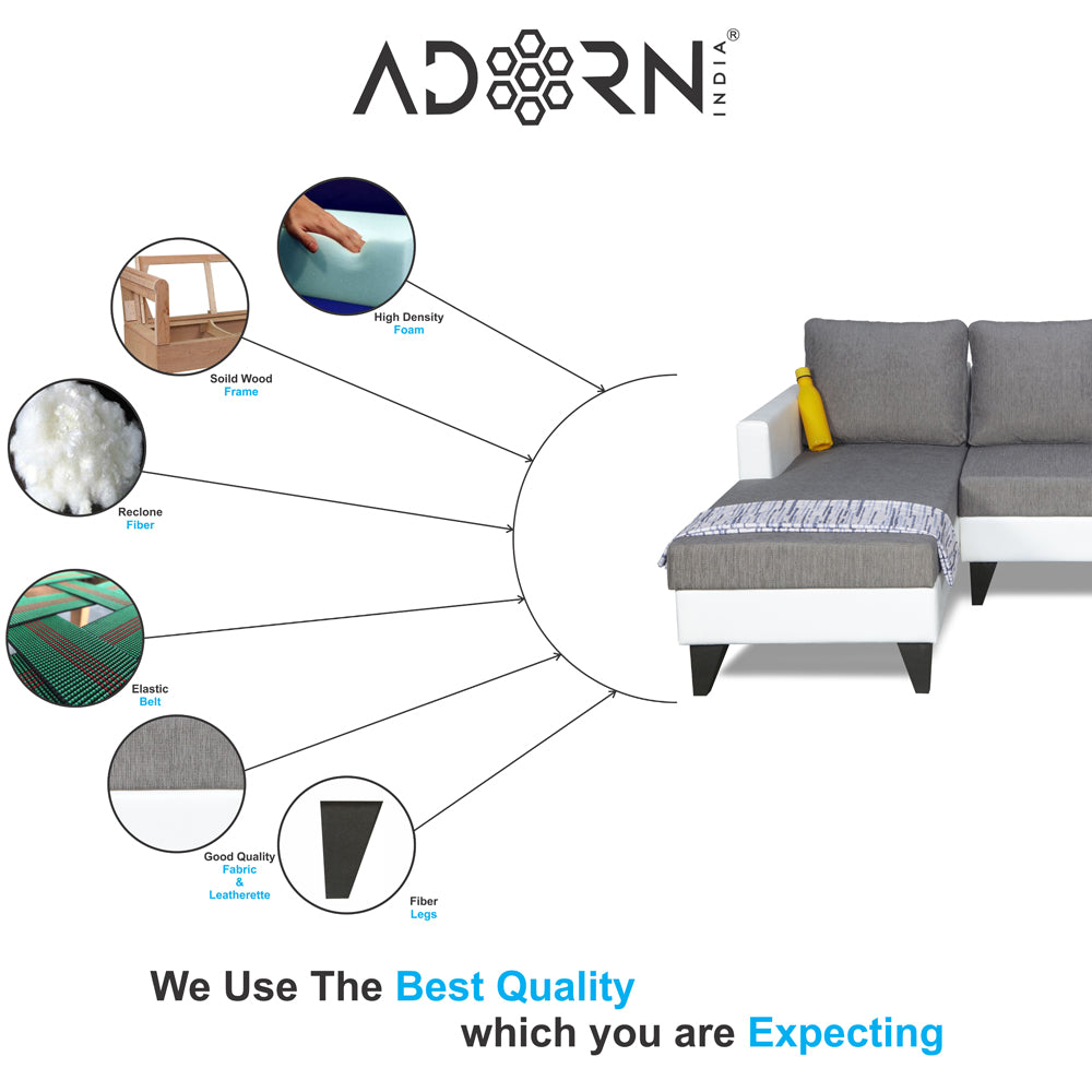 Adorn India Ashley Plain Leatherette Fabric L Shape 8 Seater Sofa Set with 2 Ottoman Puffy & Center Table LHS (Grey & White) (3 Year Warranty)