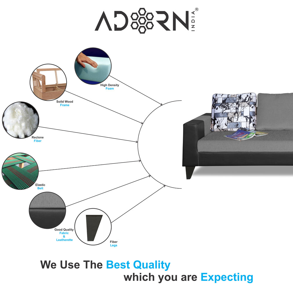 Adorn India Ashley L Shape 6 Seater Sofa Set Leatherette Fabric Digitel Print (Right Hand Side) (Grey & Black) (3 Year Warranty)