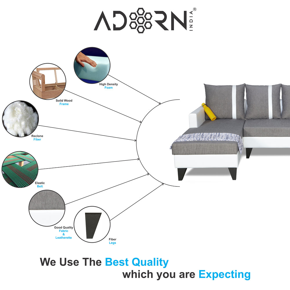 Adorn India Ashley Stripes Leatherette Fabric L Shape 8 Seater Sofa Set with 2 Ottoman Puffy & Center Table LHS (Grey & White) (3 Year Warranty)