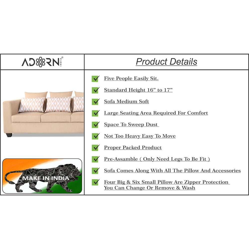 Adorn India Poland L Shape 6 Seater Sofa Set (Right Side) (Beige)