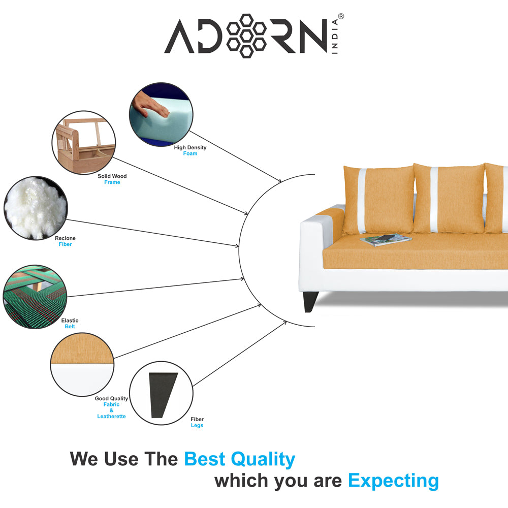 Adorn India Ashley Stripes Leatherette Fabric L Shape 8 Seater Sofa Set with 2 Ottoman Puffy & Center Table RHS (Beige & White) (3 Year Warranty)