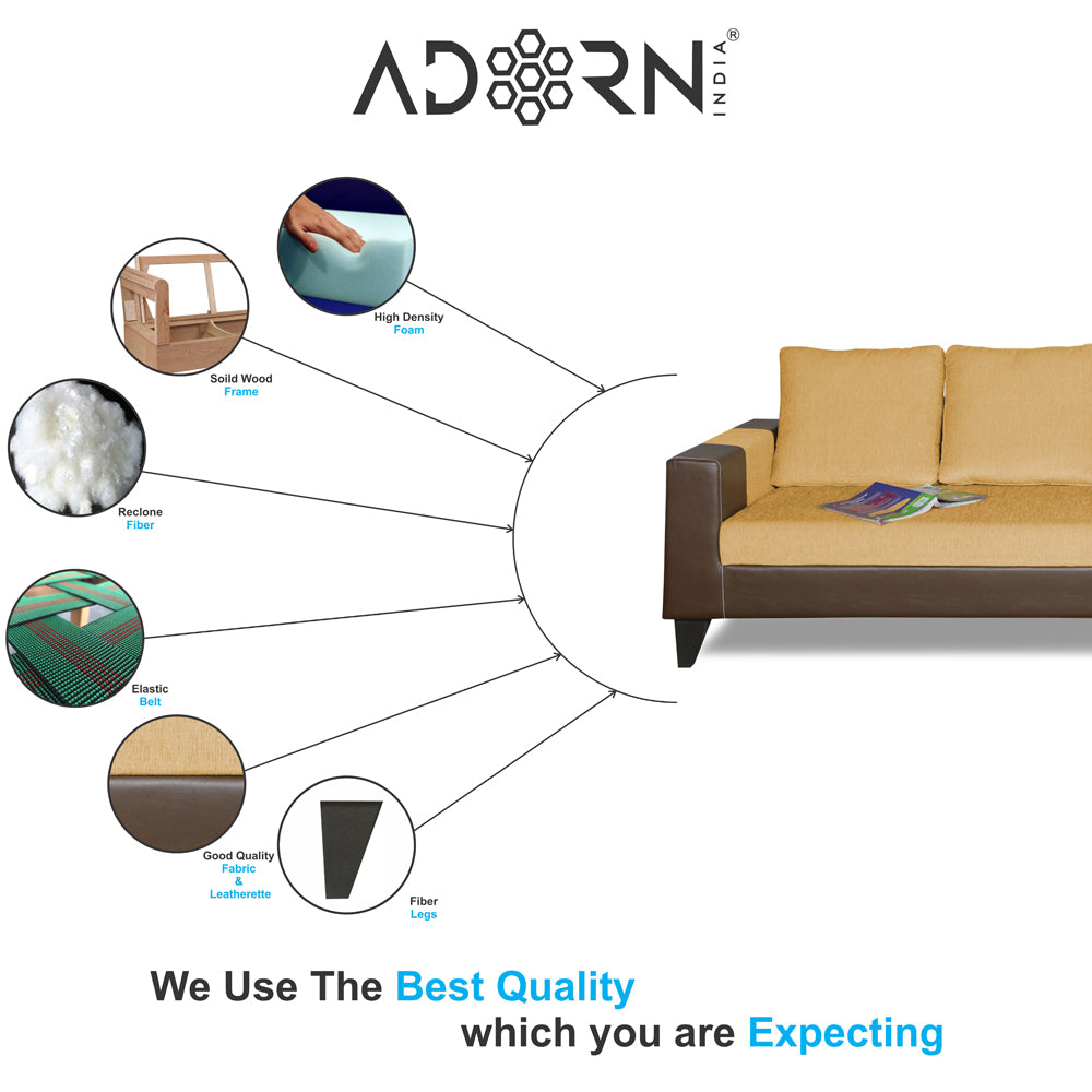 Adorn India Ashley L Shape 6 Seater Sofa Set Leatherette Fabric Plain (Right Hand Side) (Brown & Beige) (3 Year Warranty)