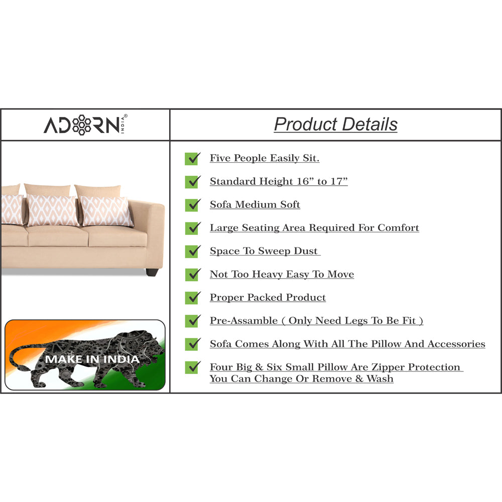 Adorn India Poland L Shape 5 Seater Sofa Set (Left Side) (Beige)
