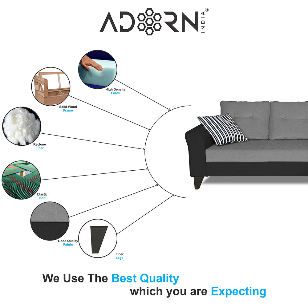 Adorn India Maddox Tufted L Shape 4 Seater Sofa Set RHS (Grey & Black) (3 Year Warranty)