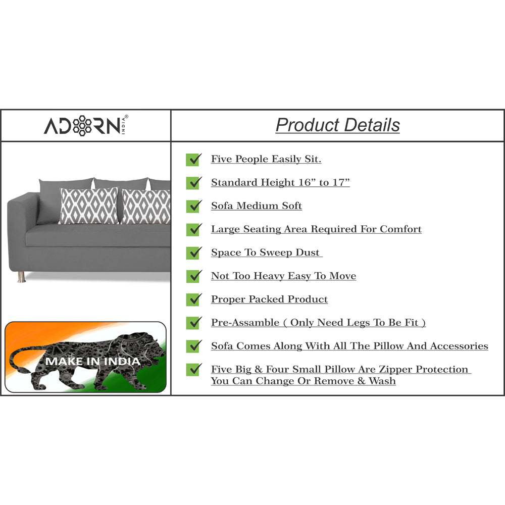 Adorn India Poland 3-1-1 Five Seater Sofa Set (Grey)
