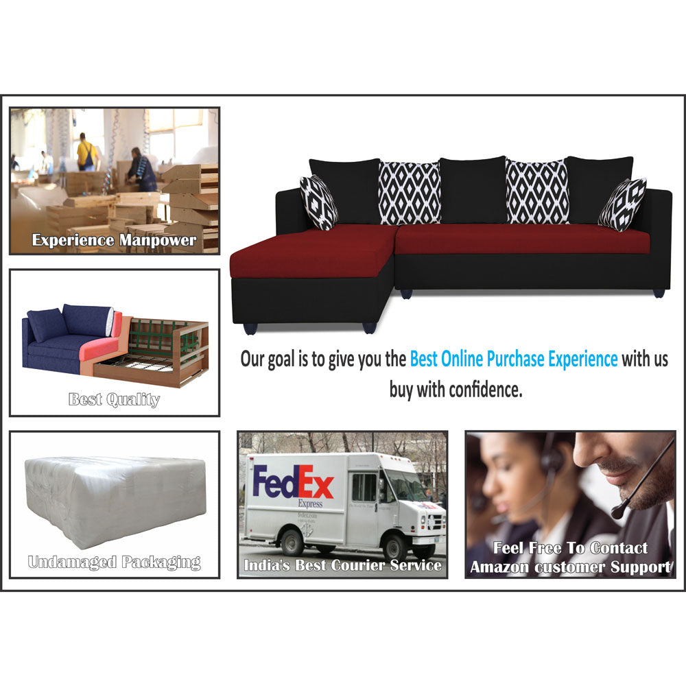 Adorn India Zink Straight line L Shape 5 Seater Sofa Rhombus Cushion (Left Side Handle)(Red & Black)