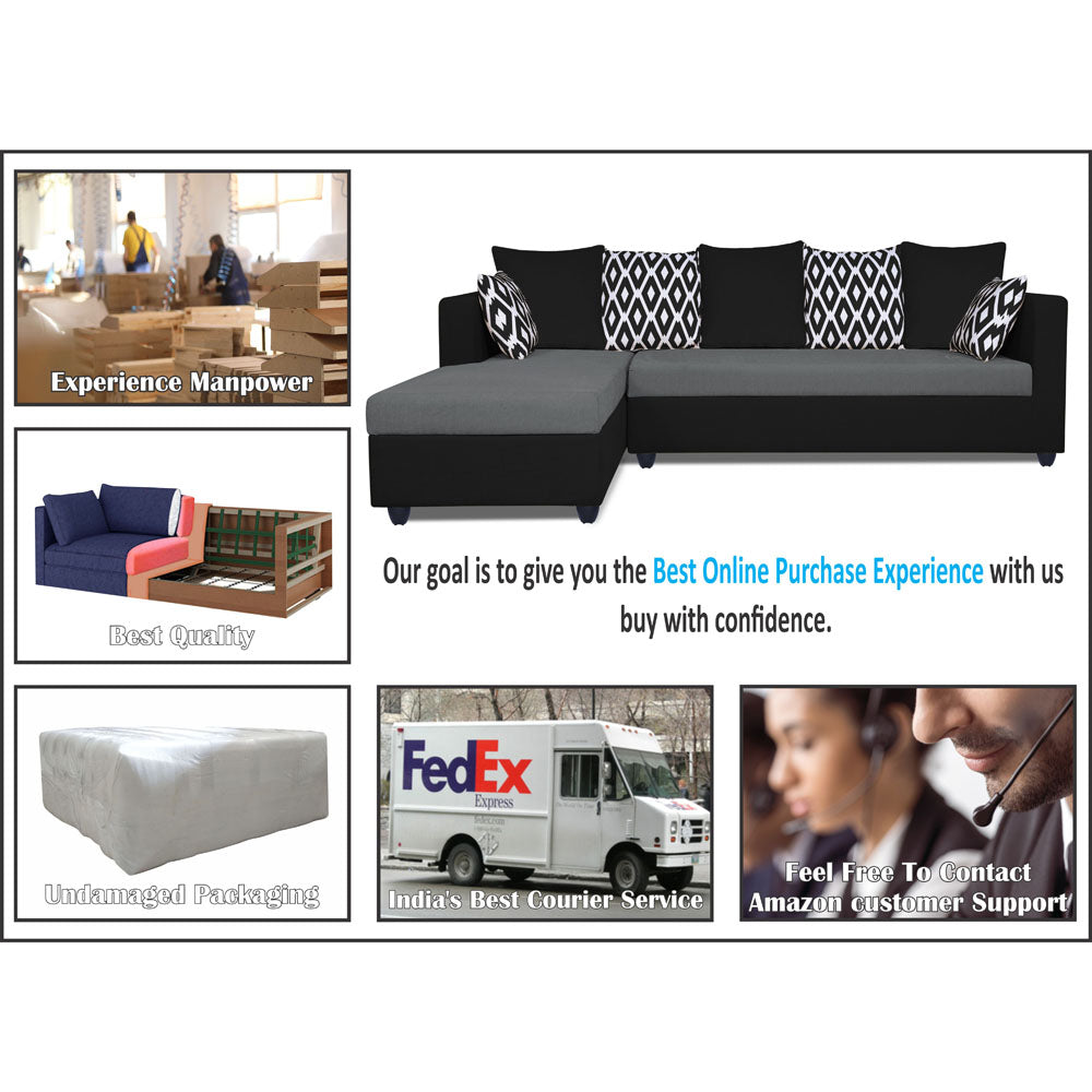 Adorn India Zink Straight line L Shape 6 Seater Sofa Rhombus Cushion (Left Side Handle)(Grey & Black)