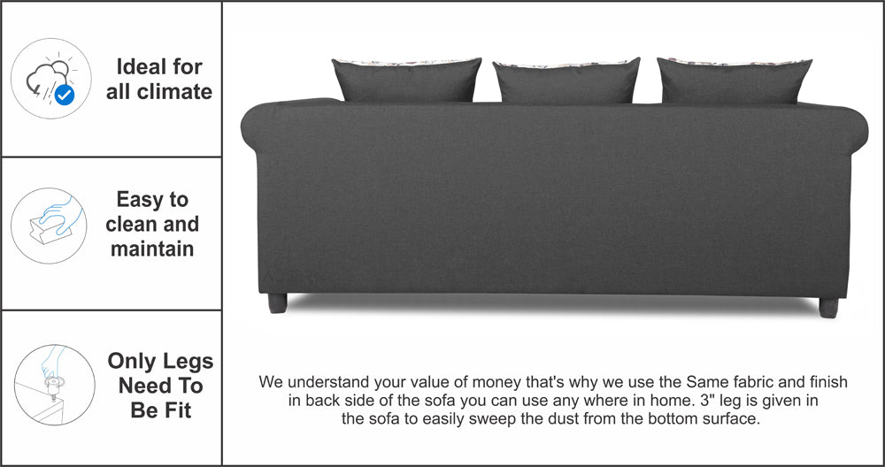 Adorn India Magnum 3 Seater Sofa (Dark Grey), Wood, Foam