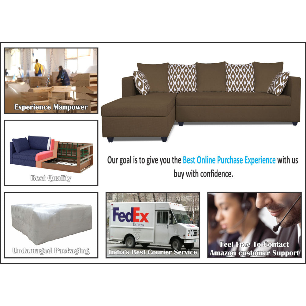 Adorn India Zink Straight line L Shape 5 Seater Sofa Rhombus Cushion (Left Side Handle)(Camel)