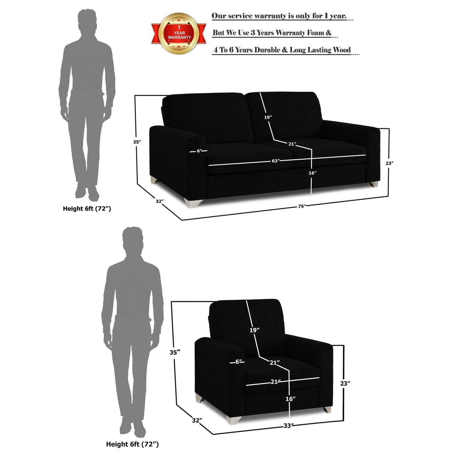 Adorn India Straight line 3+1+1 Seater Sofa Set(Black)