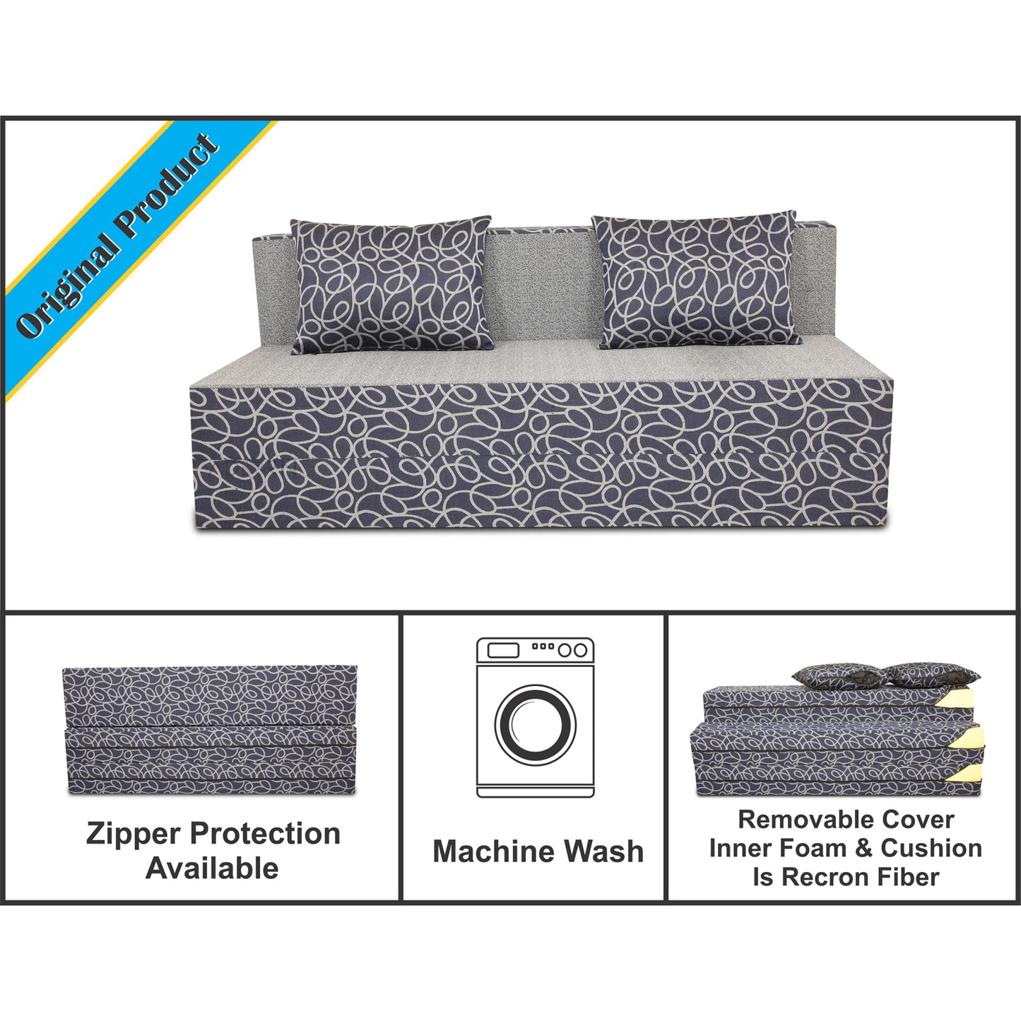 Adorn India Easy Three Seater Sofa Cum Bed Poly Cotton (Blue & Grey) (6' x 6')