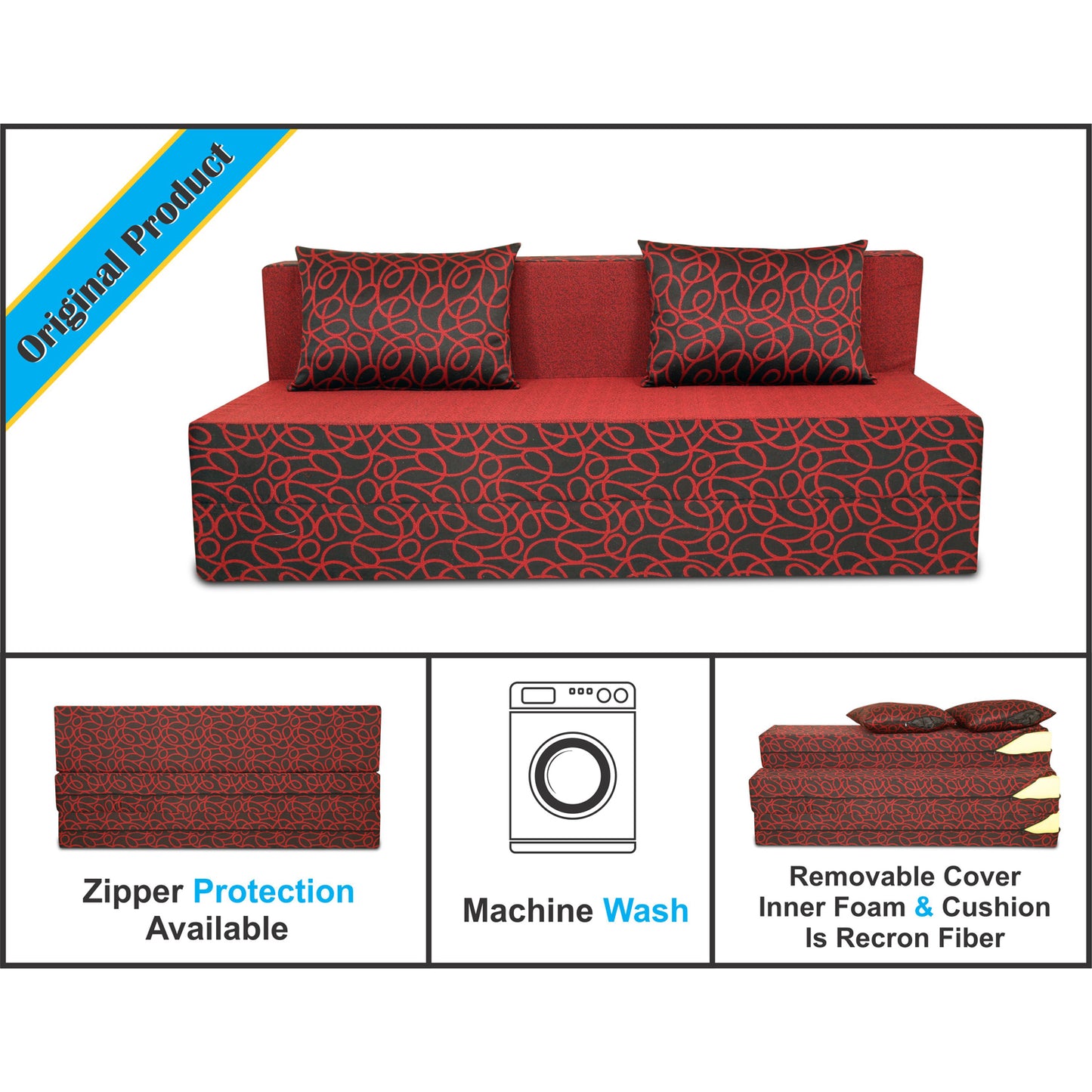 Adorn India Easy 4 Seater Sofa Cum Bed Poly Cotton (Maroon and Black) (6 x 6) (1 Year Warranty)
