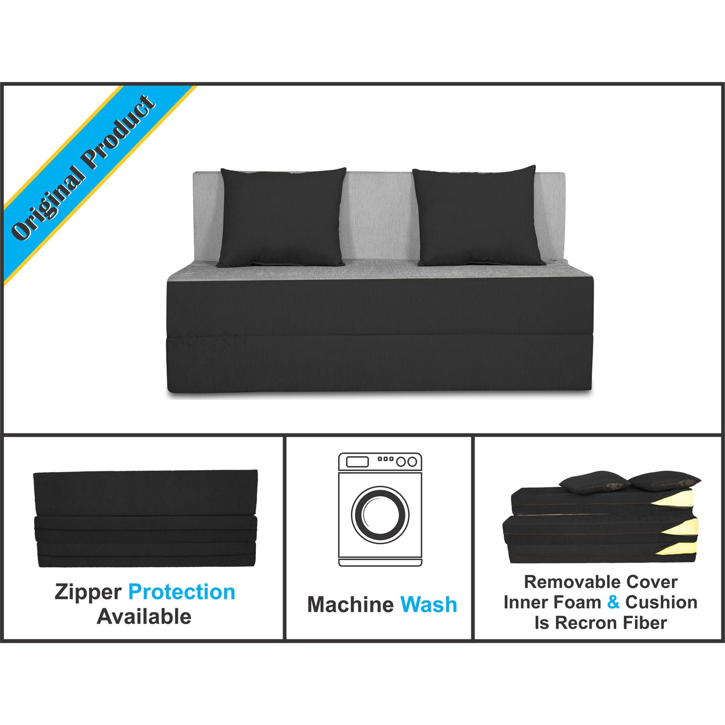 Adorn India Easy 2 Seater Sofa Cum Bed (2 Years Warrenty Quality Foam)-Perfect for Seat & Sleep Washeble Polyster Fabric Cover (Black & Grey) 4'x6'.Pillows Free (1 Year Warranty)