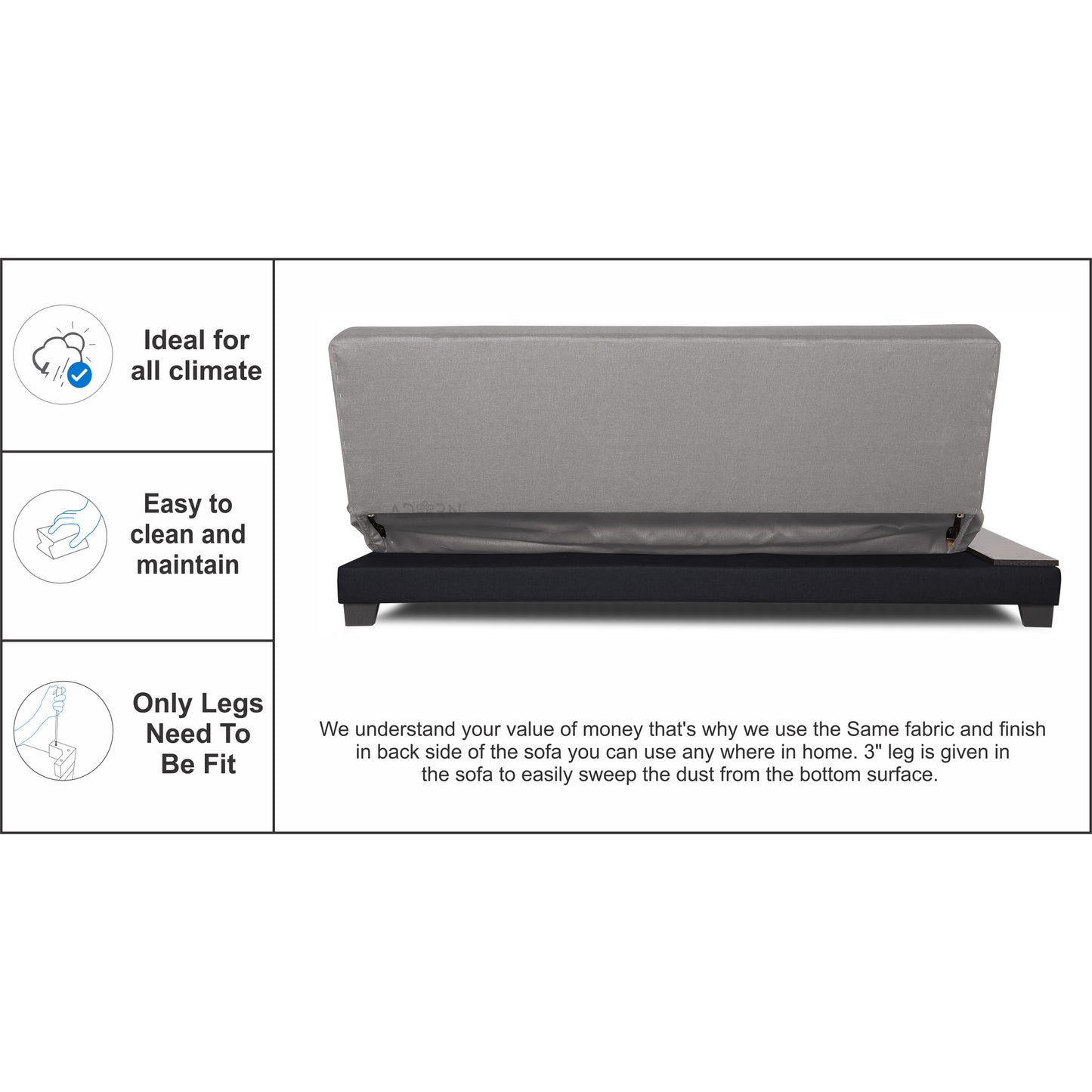 Adorn India Exclusive Two Tone Blake Three Seater Sofa Cum Bed (Light Grey & Black), Wood, Foam