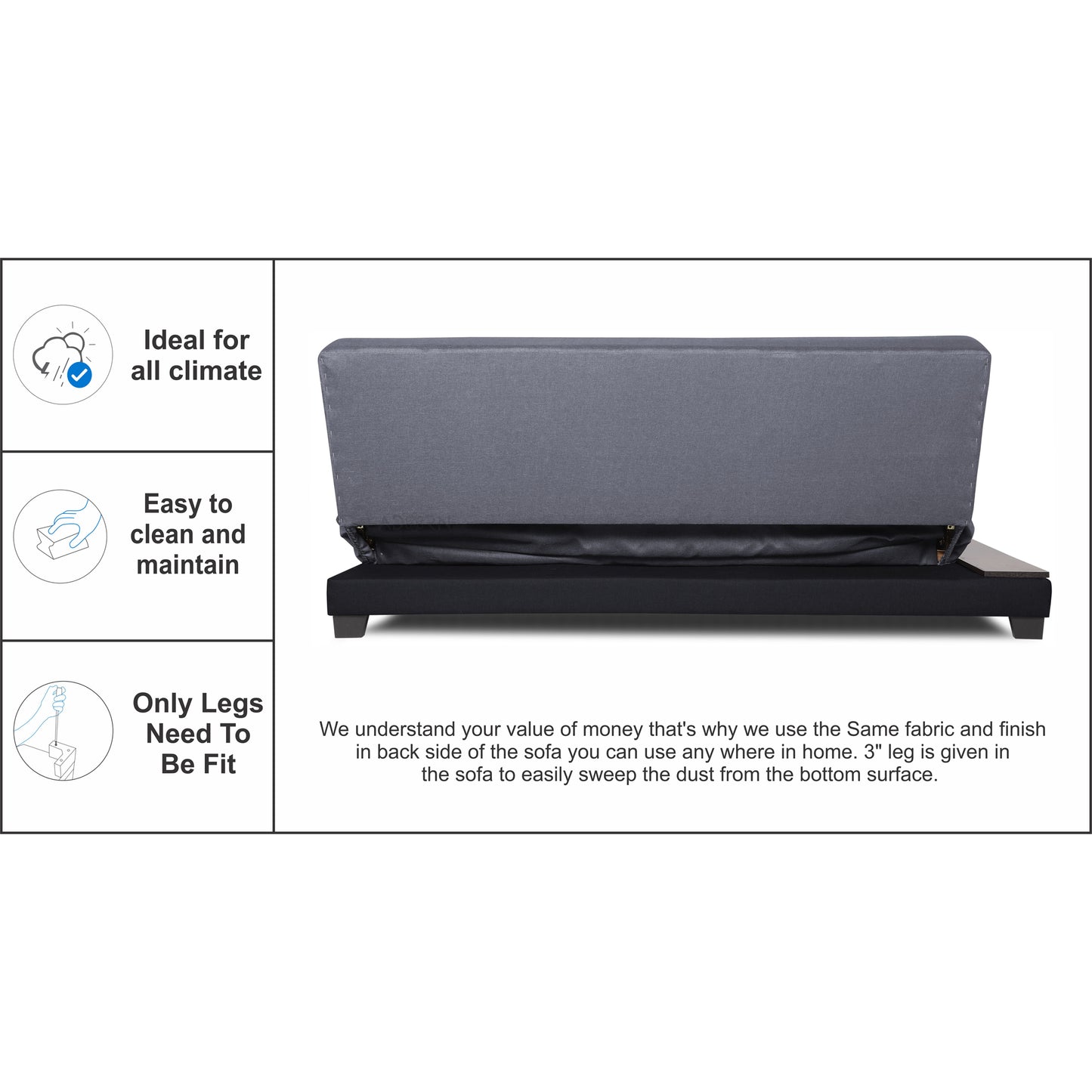 Adorn India Exclusive Two Tone Blake Three Seater Sofa Cum Bed (Dark Grey & Black), Wood, Foam