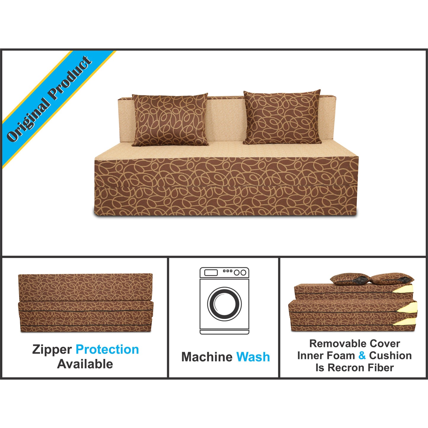 Adorn India Easy 3 Seater Sofa Cum Bed Poly Cotton (Brown & Beige) 5'X6' (1 Year Warranty)
