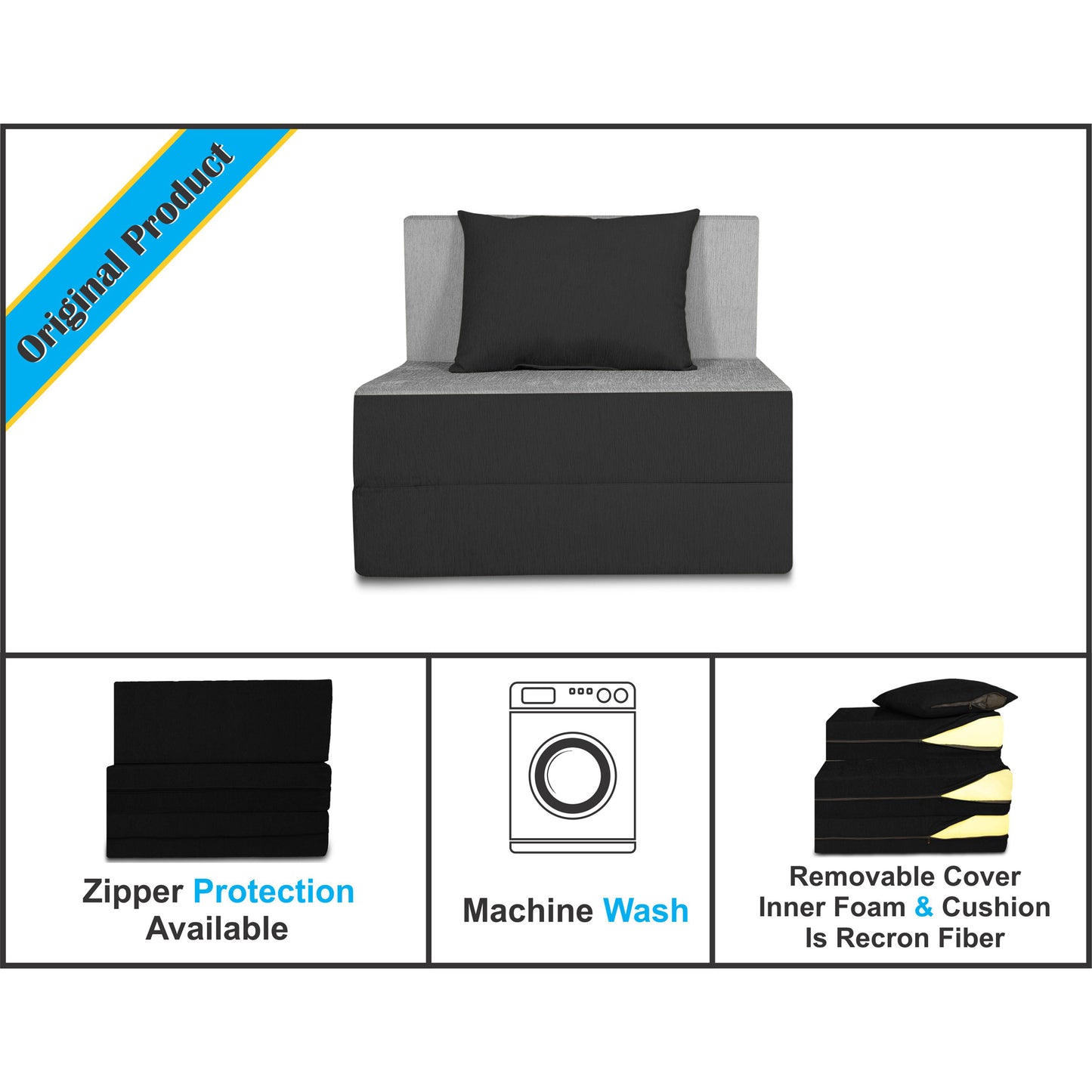 Adorn India Easy Single Seater Sofa Cum bed 3'x6' (Black and Grey)